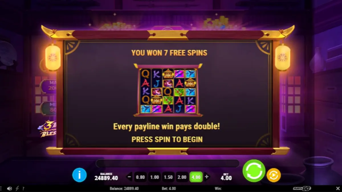 Tampilan antarmuka mobile slot 3 Blades & Blessings dengan latar belakang ninja dan pagoda