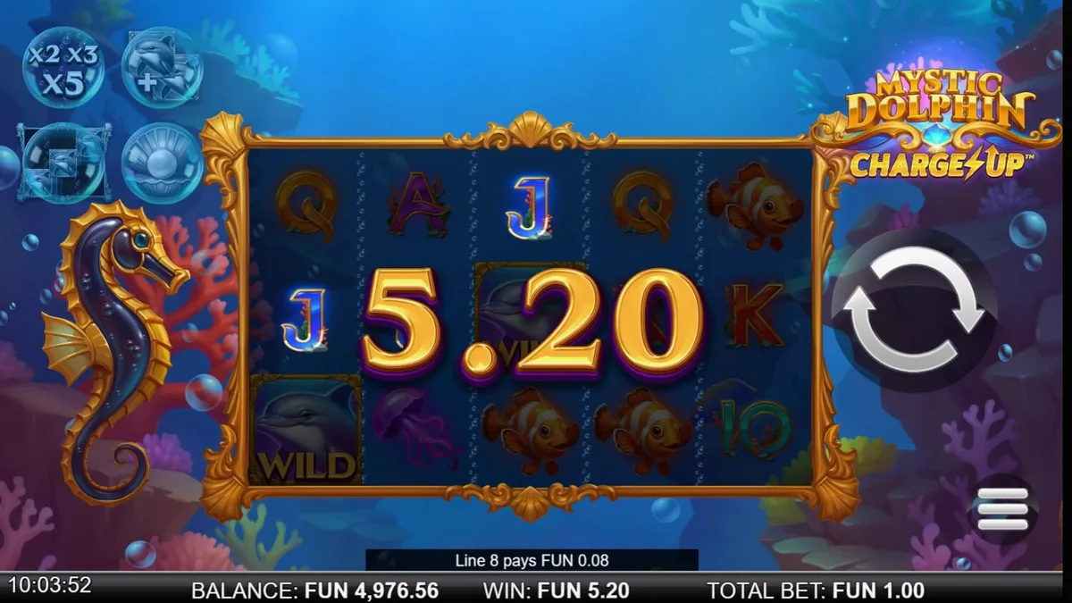 Tampilan visual slot Mystic Dolphin Charge Up dengan tema bawah laut yang cerah