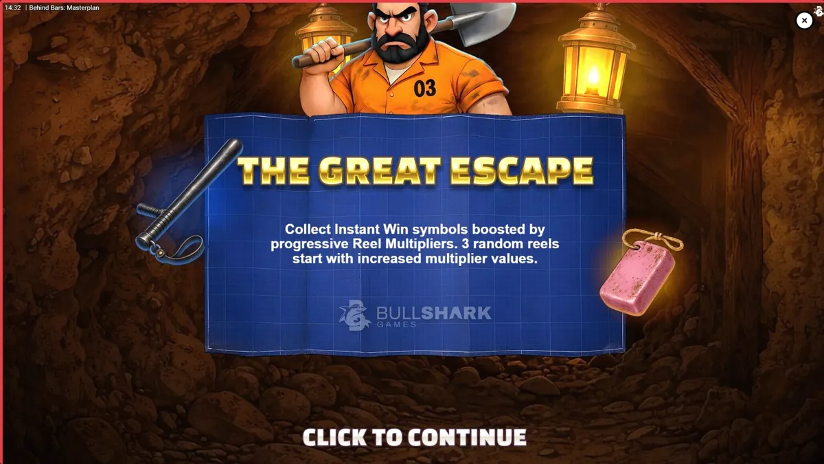 Tampilan visual slot Behind Bars Masterplan dengan tema pelarian penjara
